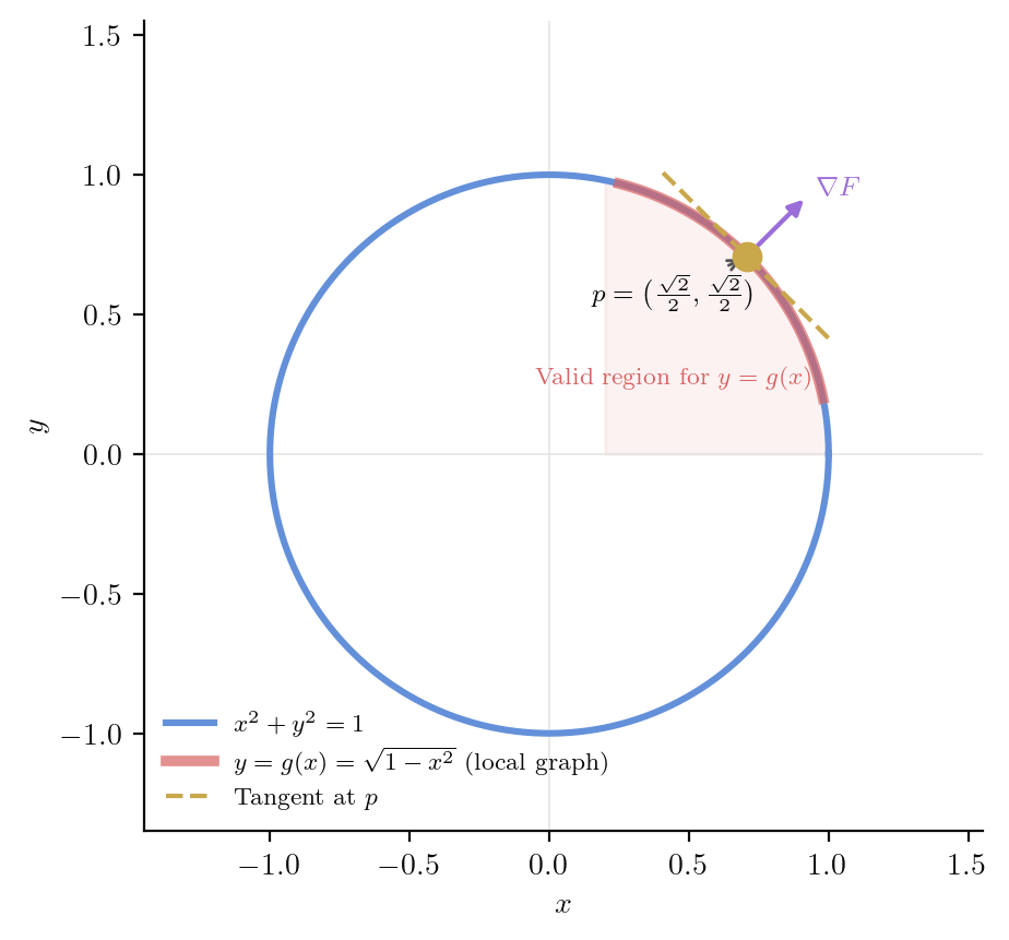 Unit circle as level set with locally solved graph y = g(x) highlighted